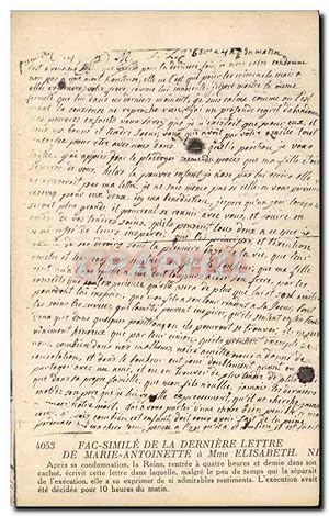Seller image for Paris Carte Postale Ancienne Fac simle de la derniere lettre de Marie Antoinette a mme Elisabeth for sale by CPAPHIL