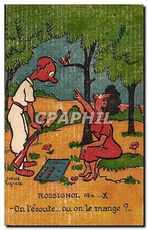 Image du vendeur pour Carte Postale Ancienne Fantaisie Humour Rossignol On l'ecoute ou on le mange ? chasse Chaseur mis en vente par CPAPHIL