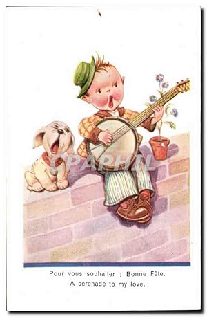 Bild des Verkufers fr fantaisie - Enfant - chanter - chien - dog - Serenade of love Banjo - Carte Postale Ancienne zum Verkauf von CPAPHIL