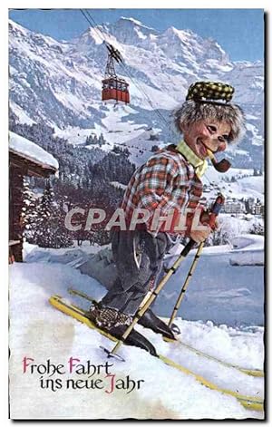 Fêtes - Voeux - Bonne Anne - New Year - scary skier - ski - skiing - Carte Postale Ancienne
