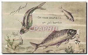 Fêtes - Voeux - Poisson d'Avril - April Fool - fish and baby - Carte Postale Ancienne
