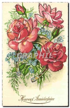 Seller image for Carte Postale Ancienne Fantaisie Fleur Flower Heureux Anniversaire Fer a cheval for sale by CPAPHIL