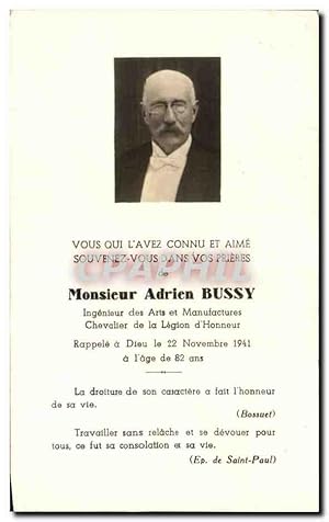 Bild des Verkufers fr Image pieuse Monsieur Adrien Bussy Ingenieur des Arts et manufactures zum Verkauf von CPAPHIL