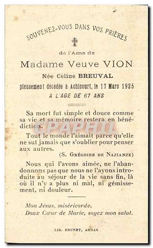 Bild des Verkufers fr Image pieuseMadame Veuve vion Celine Breuval Achicourt zum Verkauf von CPAPHIL