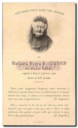 Bild des Verkufers fr Image pieuse Madame Veuve d'Hennin Nee Victoire Reber zum Verkauf von CPAPHIL