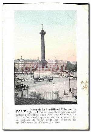 Seller image for Carte Postale Ancienne Paris Place De La Bastille Et Colonne De Juillet Primitivement Construite Comme Bastion Pour l'Hôtel for sale by CPAPHIL