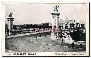 Bild des Verkufers fr Carte Postale Ancienne Chocolat Klaus Paris Le Pont Alexandre III le Grand zum Verkauf von CPAPHIL