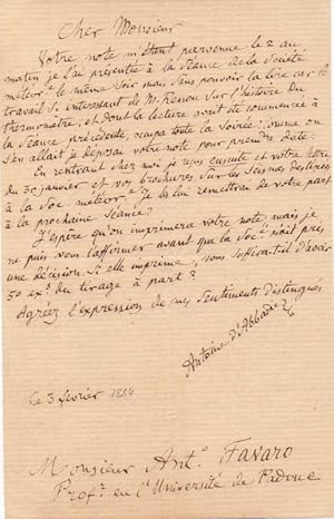 Lettera autografa firmata inviata al Sig. Antonio Favaro dellUniversità di Padova.