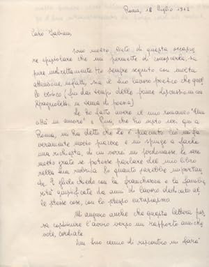 Lettera autografa firmata inviata al poeta e giornalista Enzo Fabiani. Datata 18 luglio 1962.