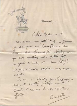 Immagine del venditore per Lettera autografa firmata inviata a "Chre Madame". Non datata. venduto da Libreria Antiquaria Pontremoli SRL