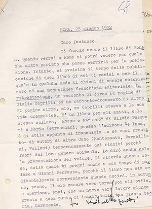 Lettera dattiloscritta con firma autografa inviata al critico e storico della letteratura Sergio ...