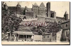 Carte Postale Ancienne Carcassonne Le Château vue de l'extérieur des remparts Lavoir communal