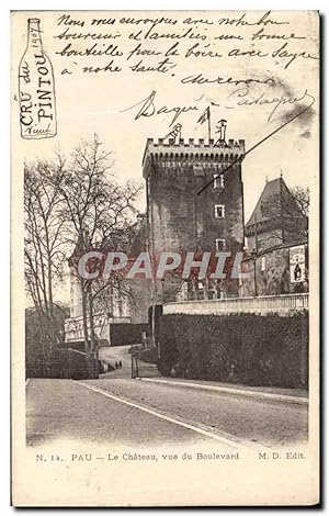 Bild des Verkufers fr Carte Postale Ancienne Pau La Chteau vue du Boulevard Dessin bouteille Cru du Pintou 1907 zum Verkauf von CPAPHIL