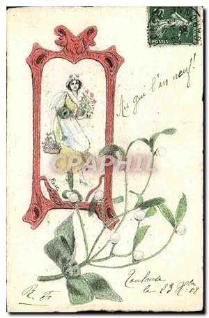 Carte Postale Ancienne DESSIN A LA MAIN Fantaisie Femme Signe Rose 1909