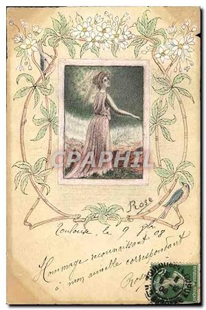 Carte Postale Ancienne DESSIN A LA MAIN Femme Signe Rose 1909
