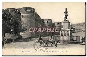 Carte Postale Ancienne Angers La Statue du Roi Rene et le Château Attelage Cheval