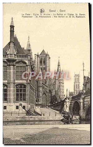 Carte Postale Ancienne Gand Gent La Poste Eglise St Nicolas Le beffroi et l'église St Bavon
