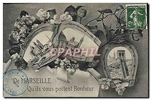 Bild des Verkufers fr Carte Postale Ancienne De Marseille Qu'ils Vous Portent Bonheur Notre Dame de la Garde Fer a cheval zum Verkauf von CPAPHIL