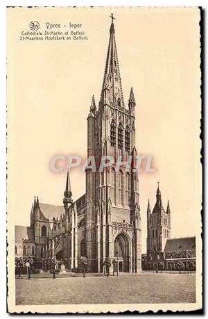 Carte Postale Ancienne Ypres Cathédrale St Martin et beffroi