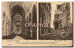 Carte Postale Ancienne Ypers La Cathédrale Saint Martin Avant et Apres le Bombardement Militaria