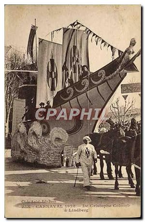 Carte Postale Ancienne Aviation Avion Aix Carnaval de Cristophe Colomb a Lindberg Attelage Boeufs...