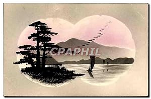 Carte Postale Ancienne Japon Nippon Arbre Oiseaux Bateau
