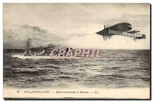 Carte Postale Ancienne Avion Aviation Bleriot traversant la Manche Bateau de guerre