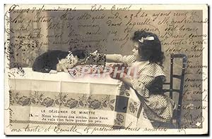 Carte Postale Ancienne Fantaisie Enfant Chat Chaton Le dejeuner de Minette