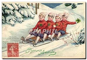 Carte Postale Ancienne Sports d'hiver Ski Enfants Luge
