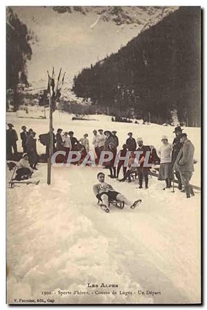 Carte Postale Ancienne Sports d'hiver Ski Les Alpes Course de luges Un depart