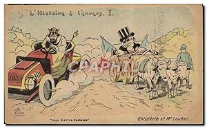 Carte Postale Ancienne L'histoire a l'envers Automobile Childeric et Mr Loubet