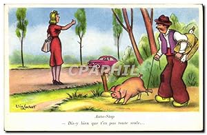 Image du vendeur pour Carte Postale Ancienne Fantaisie Humour Auto stop Cochon Porc mis en vente par CPAPHIL