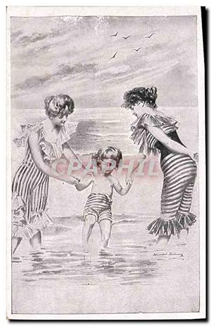Carte Postale Ancienne Fantaisie Illustrateur Femmes Enfants Maillot de bain