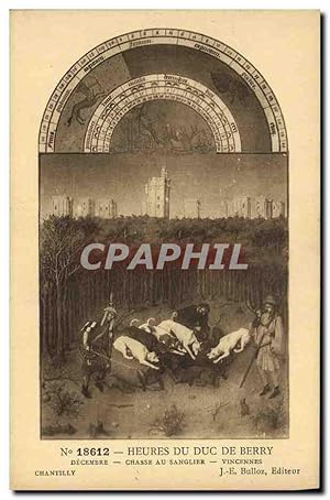 Carte Postale Ancienne Chien Chiens Chasse a courre Heures du Duc de Berry Decembre Chasse au san...