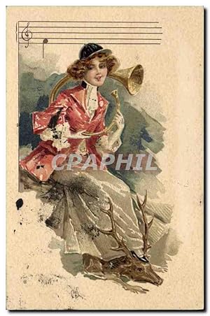 Carte Postale Ancienne Chien Chiens Chasse a courre Femme Cor de chasse Cerf