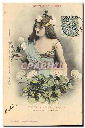 Bild des Verkufers fr Carte Postale Ancienne Fantaisie Femme Le langage des Fleurs Hortensia Froideur Caprice Amour du changement zum Verkauf von CPAPHIL