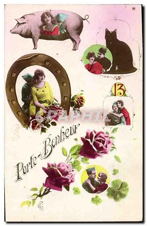 Carte Postale Ancienne Cochon Porc Chat Fleurs Femme a cheval Militaria