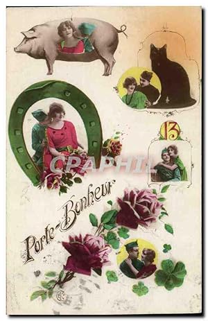 Carte Postale Ancienne Cochon Porc Femme Chat Militaria Fer a cheval Chiffre 13