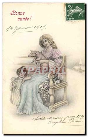 Carte Postale Ancienne Cochon Porc Femme Enfant