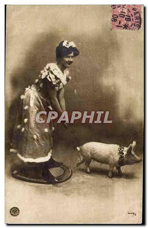 Carte Postale Ancienne Cochon Porc Femme Fer a cheval