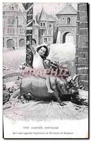 Carte Postale Ancienne Cochon Porc Enfant Vive l'année nouvelle