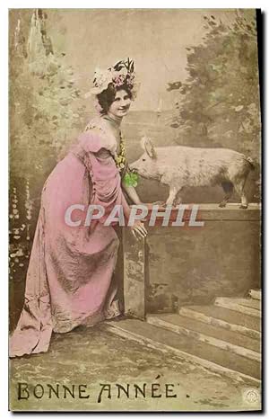 Carte Postale Ancienne Cochon Porc Femme