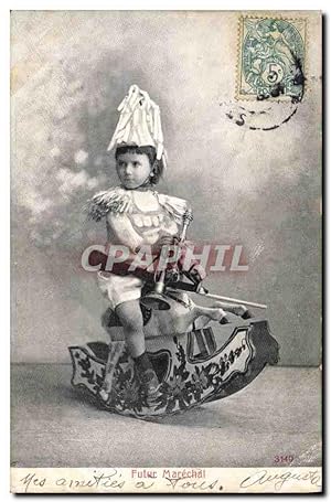 Carte Postale Ancienne Futur marechal Enfant Cheval a bascule