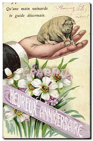 Carte Postale Ancienne Cochon Porc Heureux anniversaire