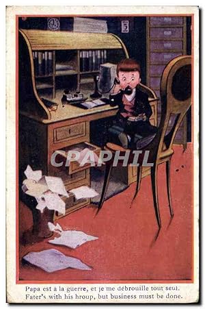 Carte Postale Ancienne Fantaisie Illustrateur Enfant Telephone Papa est a la guerre