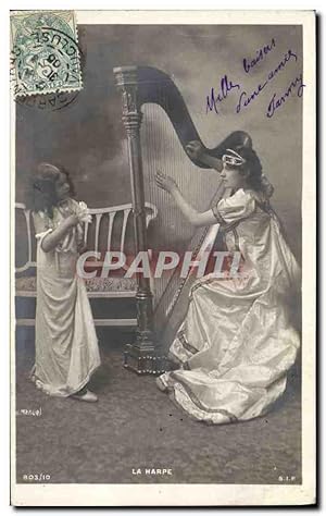 Carte Postale Ancienne Enfant Harpe Femme