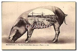 Carte Postale Ancienne Cochon Porc Marseille vue du transbordeur dans un porc Bateaux