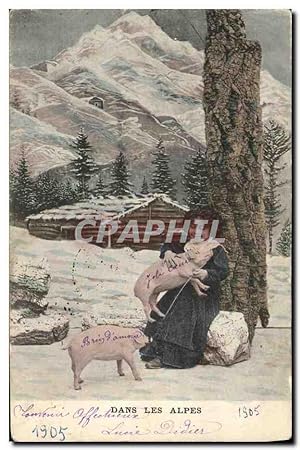 Carte Postale Ancienne Cochon Porc Enfant Dans les Alpes
