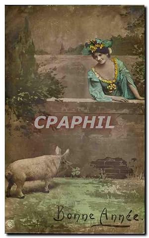 Carte Postale Ancienne Cochon Porc Femme Bonne année
