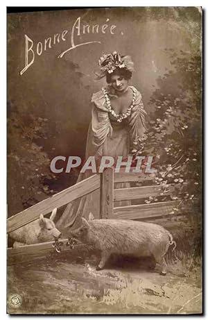 Carte Postale Ancienne Cochon Porc Femme